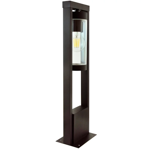 Lampa ogrodowa stojąca SPECTRA o wysokości 50 cm w kolorze czarnym. Posiada prostokątną, metalową obudowę z przezroczystym kloszem, w którym widoczna jest żarówka. Ustawiona pionowo na solidnej podstawie.