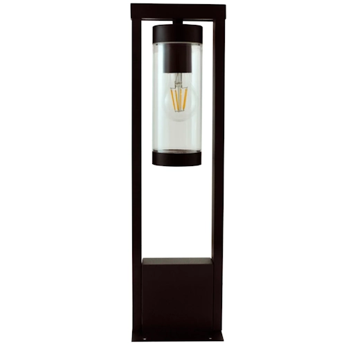 Lampa ogrodowa stojąca SPECTRA o wysokości 50 cm, wykonana z czarnego metalu. Posiada cylindryczny klosz z przezroczystego szkła, w którym znajduje się żarówka. Produkt ustawiony w pozycji stojącej, z prostokątną podstawą.