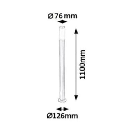 Lampa ogrodowa słupek INOX TORCH o wysokości 110 cm i średnicy 76 mm, z podstawą o średnicy 126 mm. Rysunek techniczny.