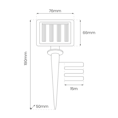 Girlanda solarna z mikro LED-ami o długości 15 m, wyposażona w panel słoneczny o wymiarach 76 mm x 66 mm, z końcówką do wbijania. Rysunek techniczny.