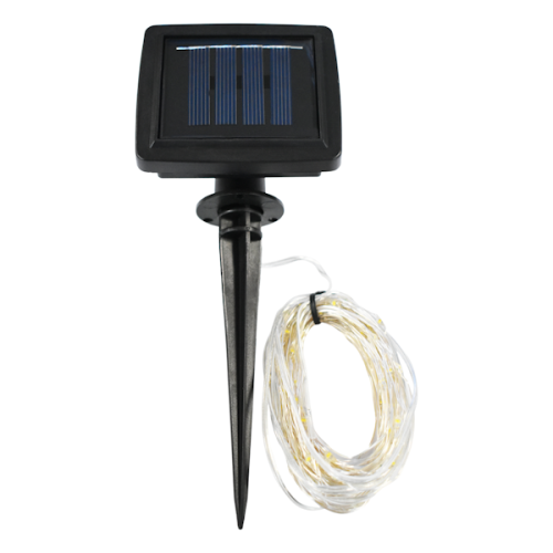 Girlanda solarna o długości 15 m z micro LED-ami, z czujnikiem słonecznym na czarnej podstawie. Kabel z przezroczystym drutem, zwinięty na boku, idealny do dekoracji ogrodów i tarasów.