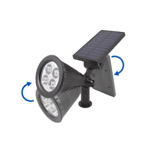 Reflektor solarny LED w kolorze czarnym z dwiema głowicami o zimnej barwie światła. Posiada panel słoneczny, możliwość regulacji kąta ułożenia oraz mocowanie do wbijania w ziemię. Idealny do oświetlenia ogrodu lub podjazdu.