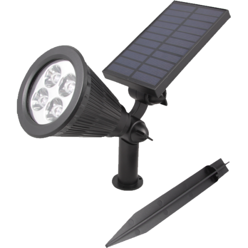 Reflektor solarny LED w kolorze czarnym, z czterema diodami LED, z panelem słonecznym. Ujęcie z boku, stojący na podstawie z wbijanym kołkiem. Produkt przeznaczony do oświetlenia ogrodów lub ścieżek.