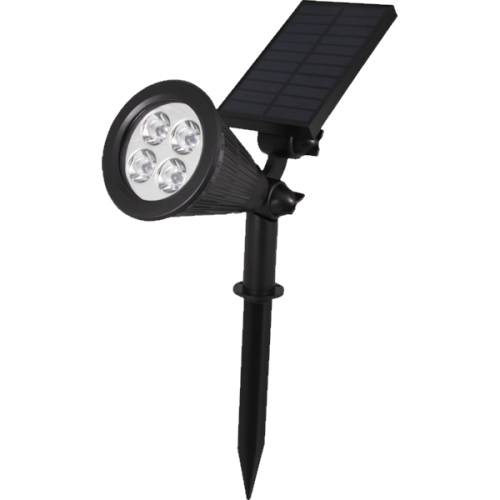 Reflektor solarny LED w kolorze czarnym, z wbudowanym panelem słonecznym i czterema diodami LED, emituje zimne światło. Ujęcie z boku, produkt w pozycji stojącej z wbitym końcem w ziemię.