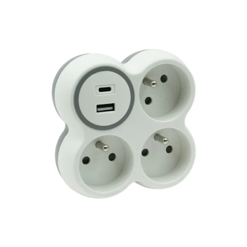 Rozgałęźnik potrójny, trójnik + ładowarka USB-A i USB-C biało-szary - Plastrol W-72009