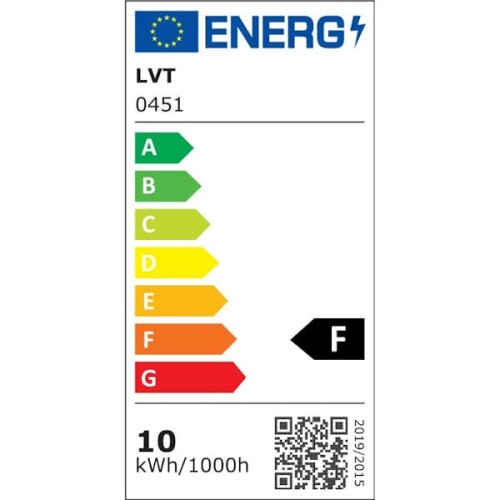 Etykieta energetyczna żarówki LED Filament E27 1W ciepła biała, pokazująca klasę energetyczną F oraz zużycie 10 kWh/1000h. Wskazówki dotyczące efektywności energetycznej z kolorowymi oznaczeniami od A do G.