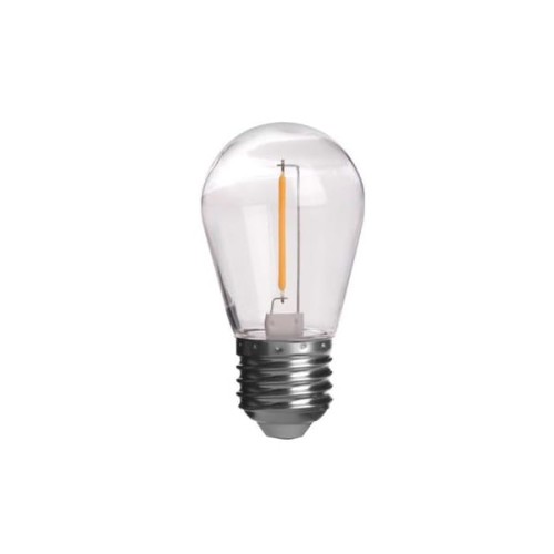 Żarówka LED Filament E27 1W w kształcie klasycznym z przezroczystą bańką i widocznym elementem emitującym światło w kolorze ciepłej białej. Gwint E27, stojąca w pionie, część metalowa w kolorze srebrnym, zestaw 10 sztuk.