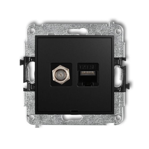 Gniazdo antenowe Karlik MINI w kolorze czarnym matowym, pojedyncze, z gniazdem typu F oraz portem RJ45. Produkt zamontowany na metalowej ramce, widok frontalny, ukazuje oba złącza oraz ich rozmieszczenie.