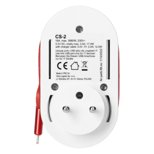 Adapter Virone CS-2 z ładowarką USB-A i USB-C, biały z czerwonym kablem. Widoczna etykieta z parametrami technicznymi. Złącze do gniazdka, maksymalne obciążenie 16A, 3680W. Kąt ujęcia: z góry.