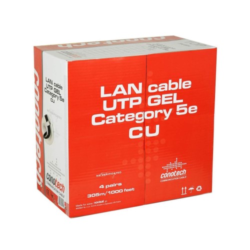 Czarny kabel sieciowy LAN U/UTP kat. 5e z żelem, przeznaczony do użytku zewnętrznego. Na opakowaniu widoczne napisy: LAN cable UTP GEL Category 5e CU, 4 pary, długość 305 m. Opakowanie w czerwonym kolorze z białymi napisami.