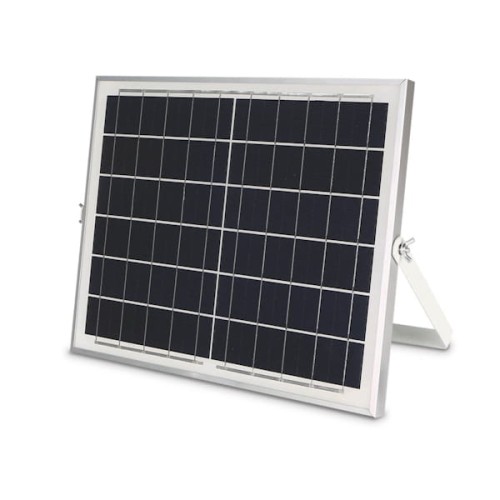 Naświetlacz solarny 15W z cienkowarstwowymi panelami fotowoltaicznymi, osadzony w metalowej ramie. Ustawiony pod kątem, z białym tyłem i ciemnymi ogniwami. Idealny do oświetlenia przestrzeni zewnętrznych w barwie neutralnej.