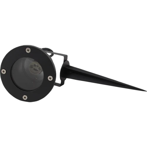Okrągły reflektor ogrodowy LED GU10 IP65 w kolorze czarnym, z metalową obudową i przezroczystą soczewką. Posiada wbudowany stelaż do wbijania w ziemię, widoczny z boku. Wyposażony w cztery metalowe śruby mocujące. Idealny do iluminacji ogrodów.
