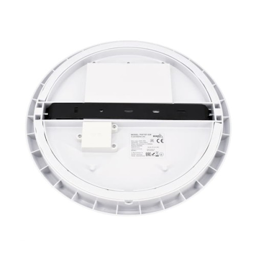 Plafon LED DIANA 16W z białą obudową, widok od dołu. Na płycie montażowej umieszczony czujnik ruchu oraz elementy do podłączenia. Widoczne oznaczenia techniczne i certyfikaty. Okrągły kształt, odpowiedni do montażu na suficie.