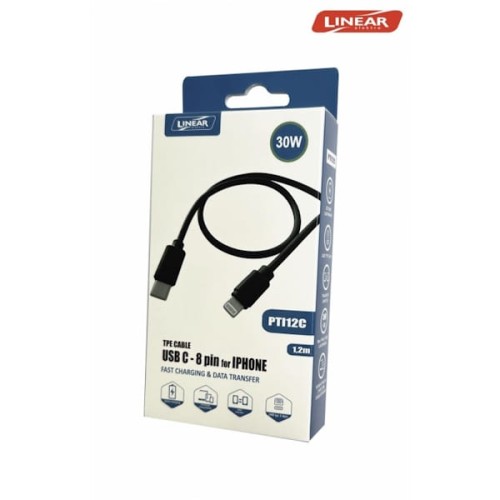 Przewód do ładowania USB C Lightning o długości 1,2 m w kolorze czarnym, z oznaczeniem 30W. W opakowaniu widoczny jest kabel z wtyczką USB C i Lightning, przeznaczony do szybkiego ładowania i transferu danych. Opakowanie z logo Linear.