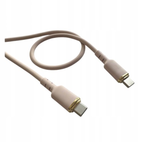 Przewód silikonowy do ładowania USB C-C 30W 3A w kolorze różowym, długość 2 m. Z obu stron zakończony wtykami USB C z metalowymi detalami. W układzie leżącym, w otoczeniu prostego tła.
