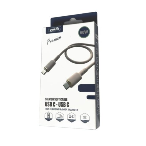 Przewód silikonowy USB C-C 30W 3A w kolorze różowym, długość 2m, opakowanie z widocznymi złączami USB C na obu końcach oraz informacjami o szybkim ładowaniu i transferze danych. Tło opakowania w odcieniach bieli i szarości.