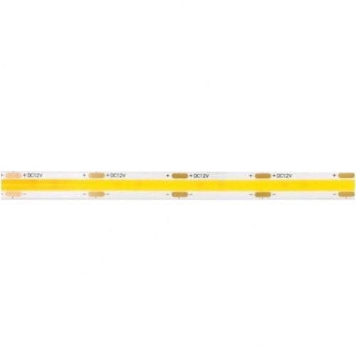 Taśma LED COB 480 o mocy 9W, długości 5 m, barwa ciepła. Produkt w formie elastycznego paska, z żółtym paskiem diodowym na białym tle. Widoczne oznaczenia napięcia +12V.