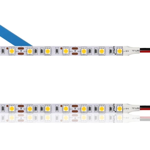 Taśma LED 13,5W, szerokość 10 mm, długość 5 m, barwa zimna. Widoczny fragment taśmy z diodami LED w kolorze białym na elastycznym podłożu, z końcówkami przewodów w kolorach czerwonym i czarnym. Oznaczenia na taśmie są czytelne.