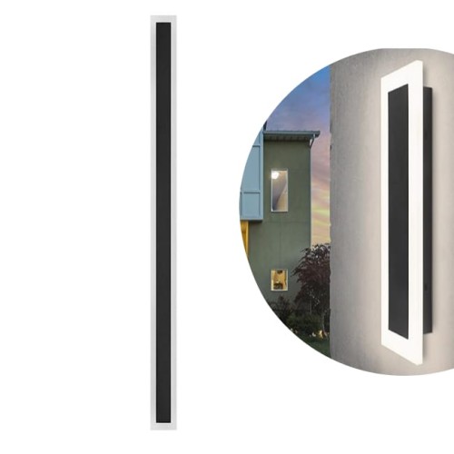 Kinkiet elewacyjny DURANGO o długości 150 cm, mocy 45W, w kolorze czarnym. Posiada prostokątną, smukłą formę z białą ramą. Ujęcie frontalne ukazuje jego minimalistyczny design, idealny do aranżacji elewacji budynków.