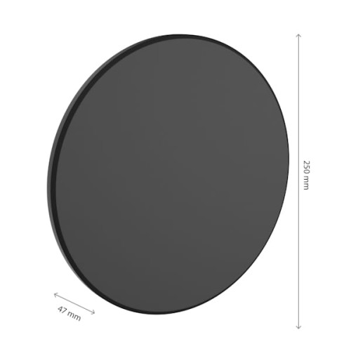 Czarna oprawa PIATTA o średnicy 250 mm i grubości 47 mm, przeznaczona do montażu w pomieszczeniach. Rysunek techniczny.