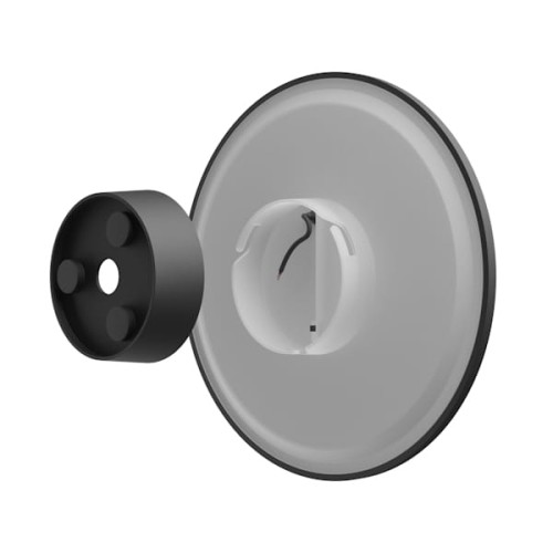 Czarna oprawa PIATTA 9W 230V IP44, okrągła, o średnicy 120 mm i grubości 47 mm. Widoczna część z otworem do montażu oraz złącza elektryczne. Elementy montażowe w zestawie. Produkt leżący na białym tle.