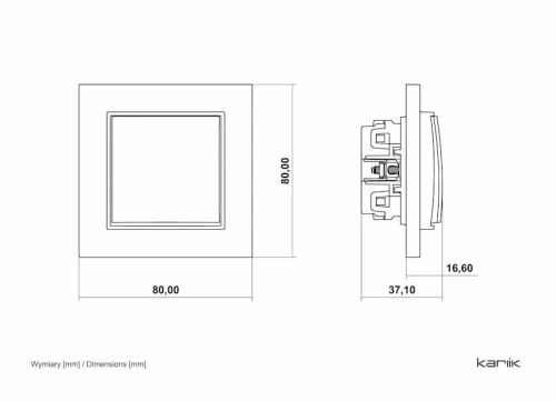 Łącznik pojedynczy Karlik MINI w kolorze taupe beżowym. Kwadratowa obudowa o wymiarach 80x80 mm, z widocznymi detalami montażowymi z boku. Produkt przedstawiony w widoku frontalnym oraz bocznym.
