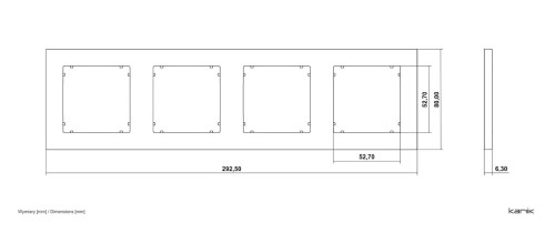 Karlik MINI Ramka poczwórna w kolorze taupe beżowym, z wymiarami 292,5 mm x 80 mm x 6,3 mm, przeznaczona do czterech zdjęć. Rysunek techniczny.