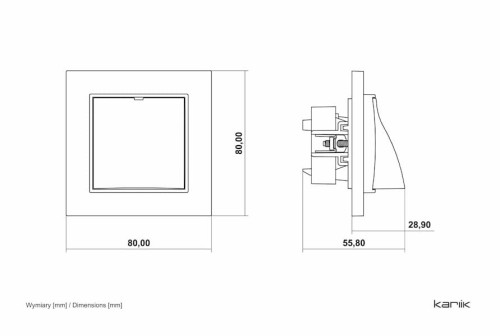 Wypust kablowy Karlik MINI w kolorze taupe beżowym, o wymiarach 80x80 mm z widoczną ramką. Z boku widoczny mechanizm mocujący. Produkt w prostokątnej formie, przeznaczony do montażu w ścianach.