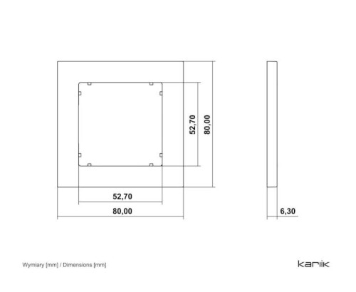 Ramka pojedyncza Karlik MINI w kolorze łososiowym, o wymiarach 80x80 mm i grubości 6,3 mm. Widok z góry i boku ukazuje prostokątny kształt z wyraźnymi otworami montażowymi. Idealna do instalacji w różnych aranżacjach.