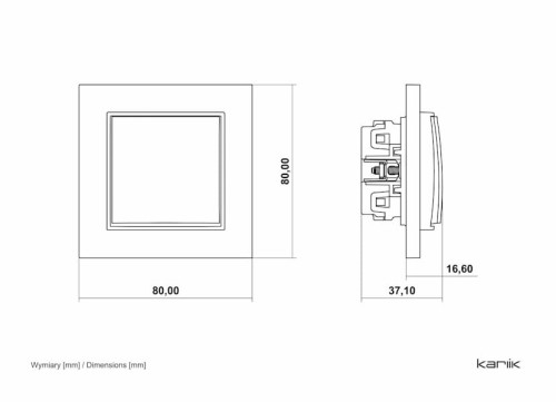 Łącznik pojedynczy Karlik MINI w kolorze łososiowym, o wymiarach 80x80 mm. Rysunek techniczny.