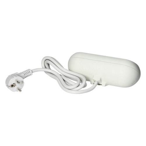 Gniazdo meblowe nablatowe, białe, z uchwytem, wyposażone w 2 gniazda 2x2P+Z oraz 2 porty USB-A. Produkt leżący na białym tle, z widocznym kablem z wtyczką.