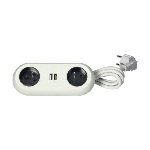 Podwójne gniazdo meblowe nablatowe w kolorze białym, z uchwytem, z dwoma gniazdami 2x2P+Z oraz dwoma portami USB-A. Produkt ma okrągły kształt, widoczne kable i wtyczkę, położony na płaskiej powierzchni.