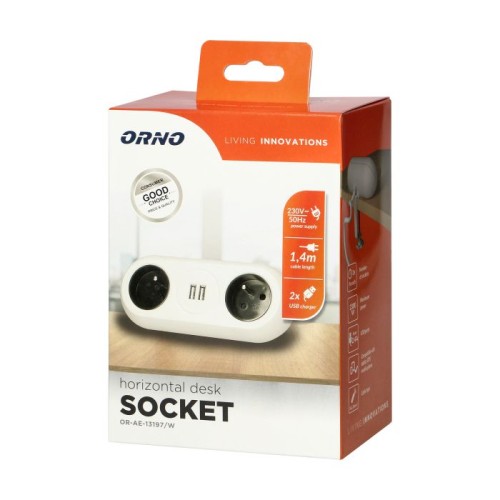 Gniazdo meblowe nablatowe podwójne, z uchwytem 2x2P+Z, 2xUSB-A biały - OR-AE-13197/W
