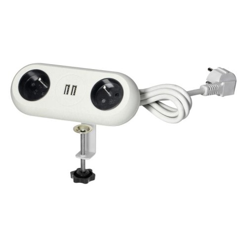 Gniazdo meblowe nablatowe podwójne w kolorze białym z uchwytem, zawierające dwa gniazda 2x2P+Z oraz dwa porty USB-A. Produkt widoczny z boku, z zamocowanym uchwytem. Kabel z wtyczką po prawej stronie.