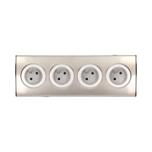Gniazdo meblowe nablatowe kuchenne 4x2P+Z, 230V w kolorze inox, z czterema okrągłymi gniazdami, umieszczone w płaskiej, prostokątnej obudowie. Wizja z góry, pozycja leżąca. Produkt przeznaczony do montażu w blatach.