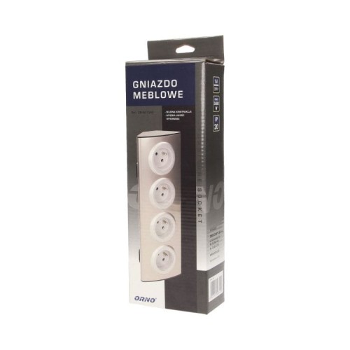 Gniazdo meblowe nablatowe kuchenne Orno OR-AE-1340 w kolorze inox, z czterema gniazdami 2P+Z, 230V. Produkt umieszczony w opakowaniu, widoczny z boku. Opakowanie zawiera informacje o parametrach technicznych.