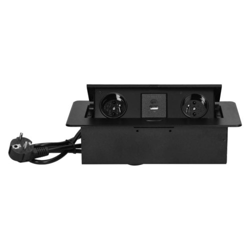Gniazdo meblowe wpuszczane w blat, czarne, z dwoma gniazdami elektrycznymi oraz ładowarką USB-A i USB-C. Z tyłu widoczny przewód z wtyczką, ujęcie frontalne, produkt zamontowany w blacie.