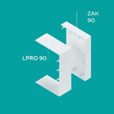 Narożnik zewnętrzny NZ 40/90 w kolorze białym, z widocznymi oznaczeniami LPRO 90 i ZAK 90. Produkt przedstawiony w ujęciu frontalnym, złożony z dwóch części, ukazujących detale konstrukcyjne i kształt.
