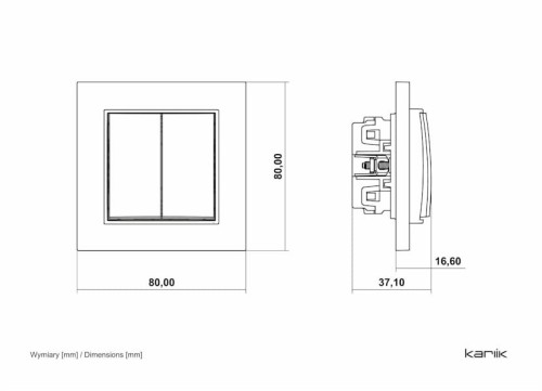 Łącznik żaluzjowy Karlik MINI w kolorze łososiowym, o wymiarach 80x80 mm. Z przodu widoczna ramka z dwoma przyciskami, z boku widok na mechanizm montażowy. Prosty design, idealny do sterowania żaluzjami.
