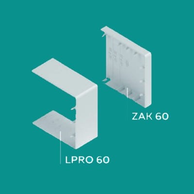 Zakończenie ZAK 40 w kolorze białym, prezentujące dwa elementy: ZAK 60 z przodu oraz LPRO 60 z boku. Elementy mają prostokątny kształt, gładką powierzchnię oraz widoczne detale montażowe.