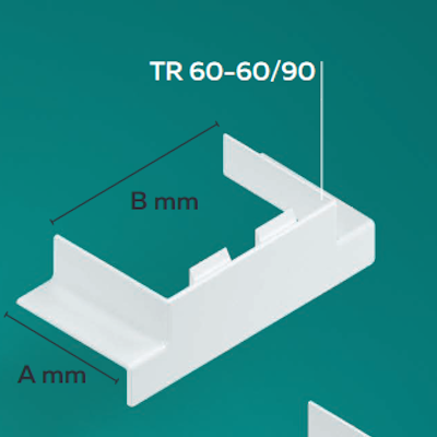 Trójnik TR 60/90 w kolorze białym, wykonany z plastiku, z widocznymi wymiarami A mm i B mm. Produkt leży na jednolitym tle, z wyraźnym oznaczeniem modelu.