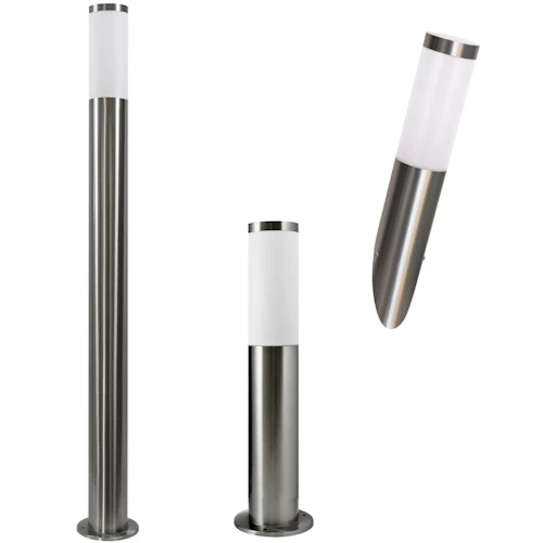 Klosz do lampy LIVIA Goldlux 303998 w kolorze białym z metalową podstawą. Produkt ma cylindryczny kształt, widoczny w trzech pozycjach: stojącej, leżącej i pod kątem. Szklana część klosza jest matowa, a metalowe wykończenie jest srebrne.