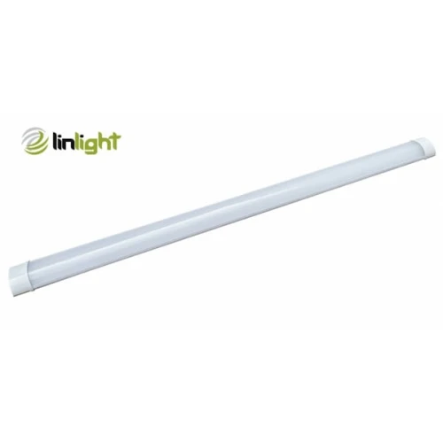 Oprawa sufitowa LED w formie tuby o długości 120 cm i mocy 36W. Posiada biały, matowy klosz oraz plastikowe końcówki. Umieszczona na jednolitym tle, logo linlight widoczne w lewym górnym rogu.