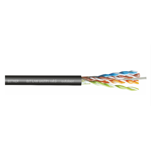 Kabel teleinformatyczny BiTLAN U/UTP kat.6, czarny, zawiera cztery skręcone pary przewodów w różnych kolorach. Widziany z boku, z widocznymi napisami BITNER oraz outdoor. Przeznaczony do użytku zewnętrznego.