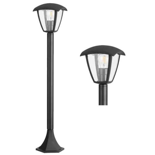 Lampa ogrodowa słupek IGMA o wysokości 86 cm w kolorze czarnym, z metalowym korpusem i kloszem z przezroczystego szkła. Posiada trójkątną podstawę i zaokrąglony dach, prezentowana w dwóch ujęciach: całościowym i zbliżeniu na klosz.