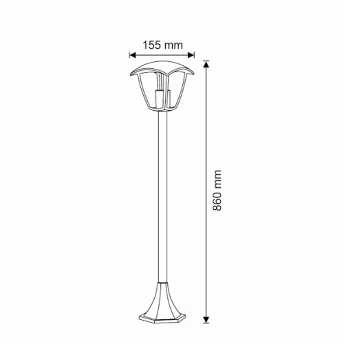 Lampa ogrodowa słupek IGMA o wysokości 86 cm w kolorze czarnym, z dekoracyjnym kloszem o średnicy 155 mm. Rysunek techniczny.