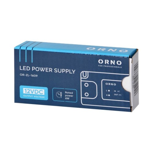 Zasilacz do LED 12VDC 6W IP20 OR-ZL-1609, w kolorze niebieskim i białym, z widocznymi napisami 12VDC oraz Rated power 6W. Opakowanie kartonowe, z widokiem z boku, pokazujące gniazda oraz oznaczenia wejścia i wyjścia.