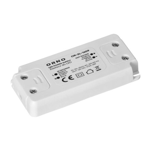 Zasilacz do LED 12VDC 6W IP20 w kolorze białym, prostokątny, z widocznymi napisami i logo ORNO. Ujęcie frontalne, produkt leży na płaskiej powierzchni. Widoczne informacje o napięciu i mocy. Idealny do zasilania taśm LED.