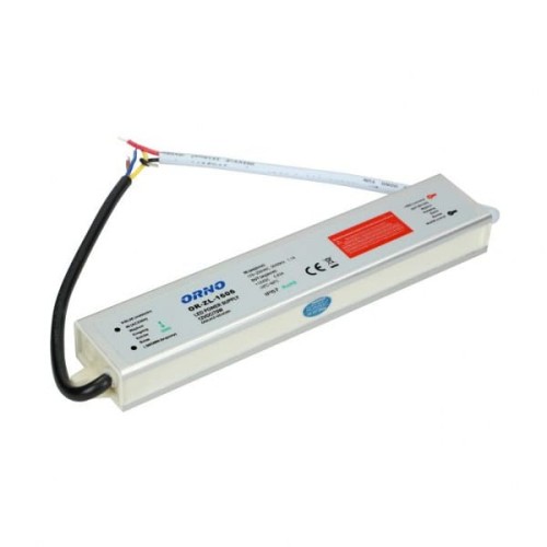 Zasilacz LED 12VDC 70W IP67 w białej obudowie. Widoczne przewody z kolorowymi izolacjami, etykieta z danymi technicznymi oraz logo ORNO. Produkt leży poziomo, w świetle, na jednolitym tle.