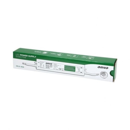 Zasilacz do LED 12VDC 70W IP67 ORNO w opakowaniu, z białą etykietą zawierającą informacje o produkcie. Opakowanie w kolorze zielonym z logo ORNO, z widocznymi symbolami bezpieczeństwa i specyfikacjami technicznymi.